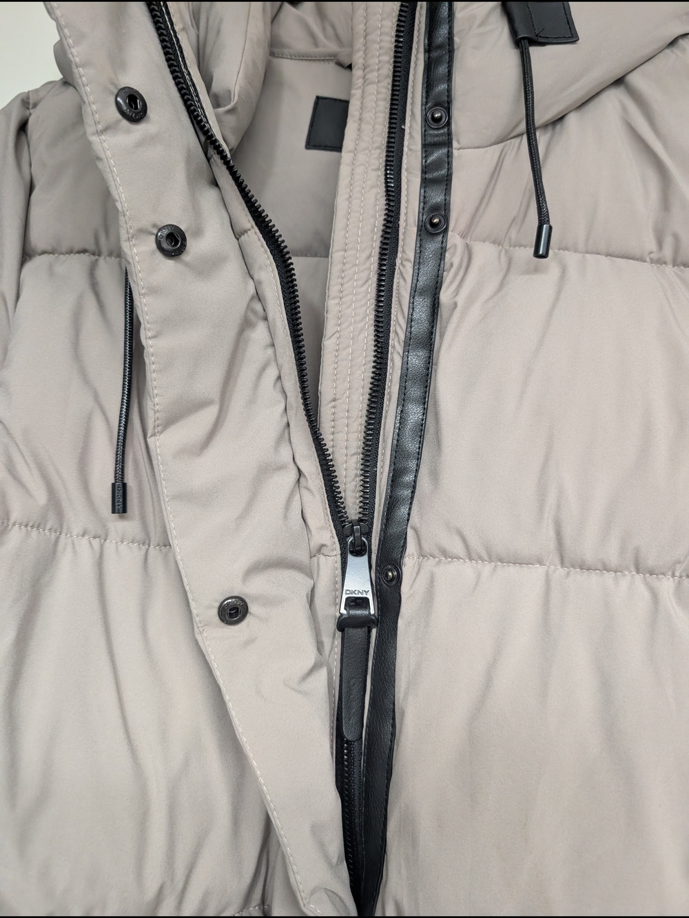 DKNY Taupe Hooded Puffer Jacket Coat Medium | Adjustable Waist Winter Parka - Picture 6 of 12